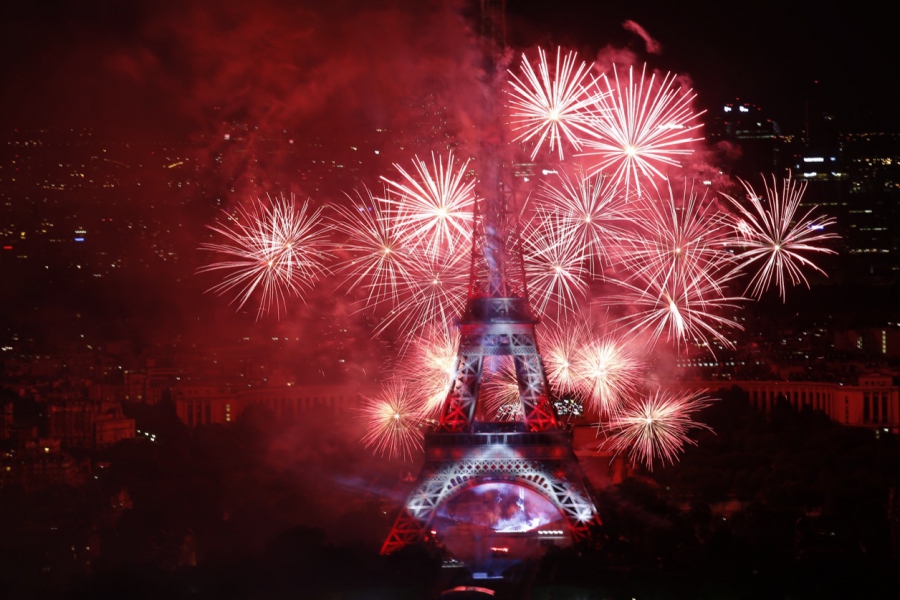 The Eiffel Tower fireworks display for Bastille Day on July 14. The Eiffel Tower fireworks display for Bastille Day on July 14.